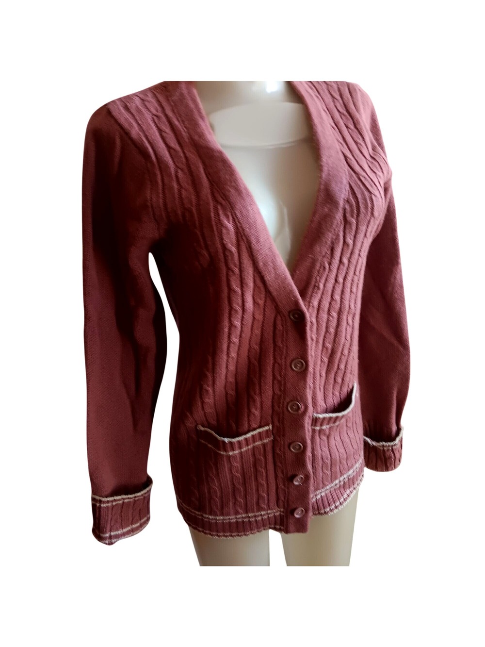 Vintage 1970's Women's Small Cardigan Sweater Jacket Collage Cable Knit Ringer